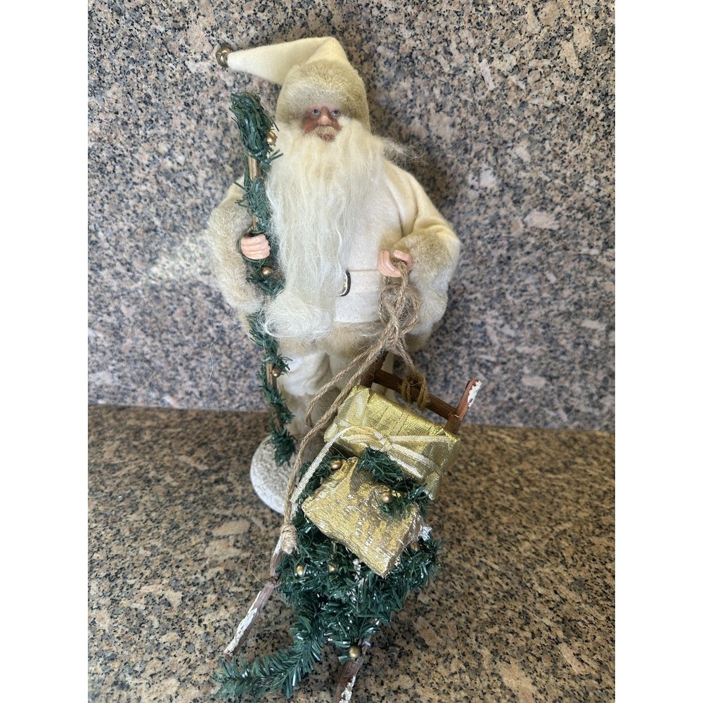 VTG Santa Claus Christmas Figurine White Coat With Sleigh Gifts Tabletop Decor